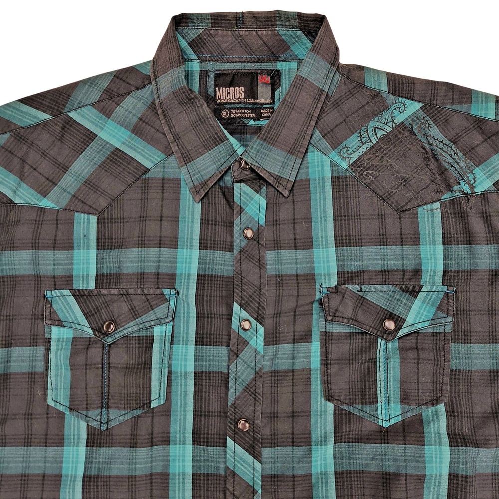 Micros Mens XL Teal Black Plaid Short Sleeve Pearl Snap Western Shirt M2FS-1321R